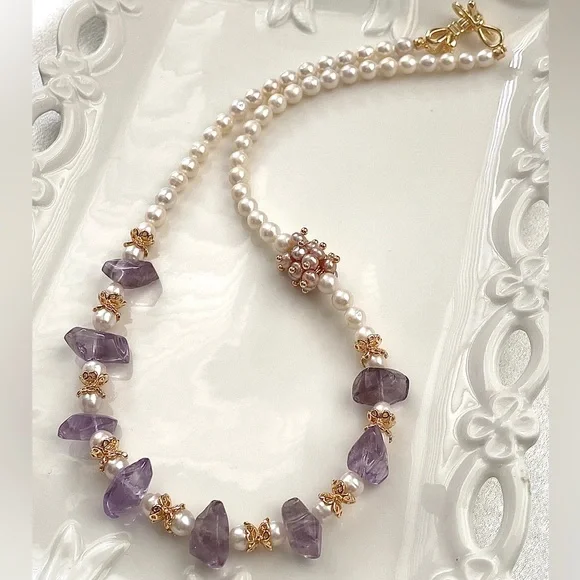 GP47-Handmade Natural Amethyst And Natural Freshwater Baby Pearl Necklace - Picture 6 of 13